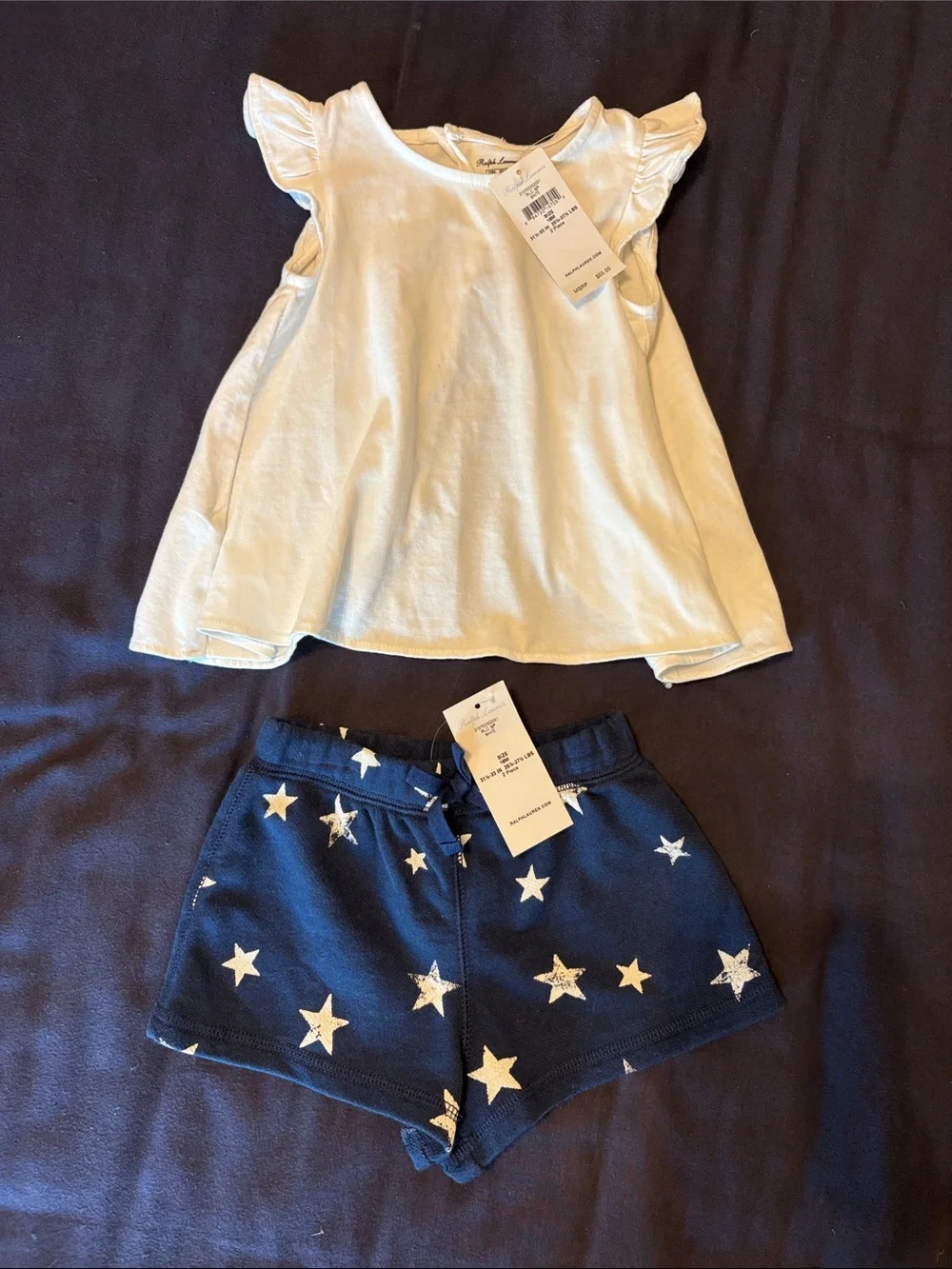Ralph Lauren White Ruffle Sleeve Top with Navy Star Shorts